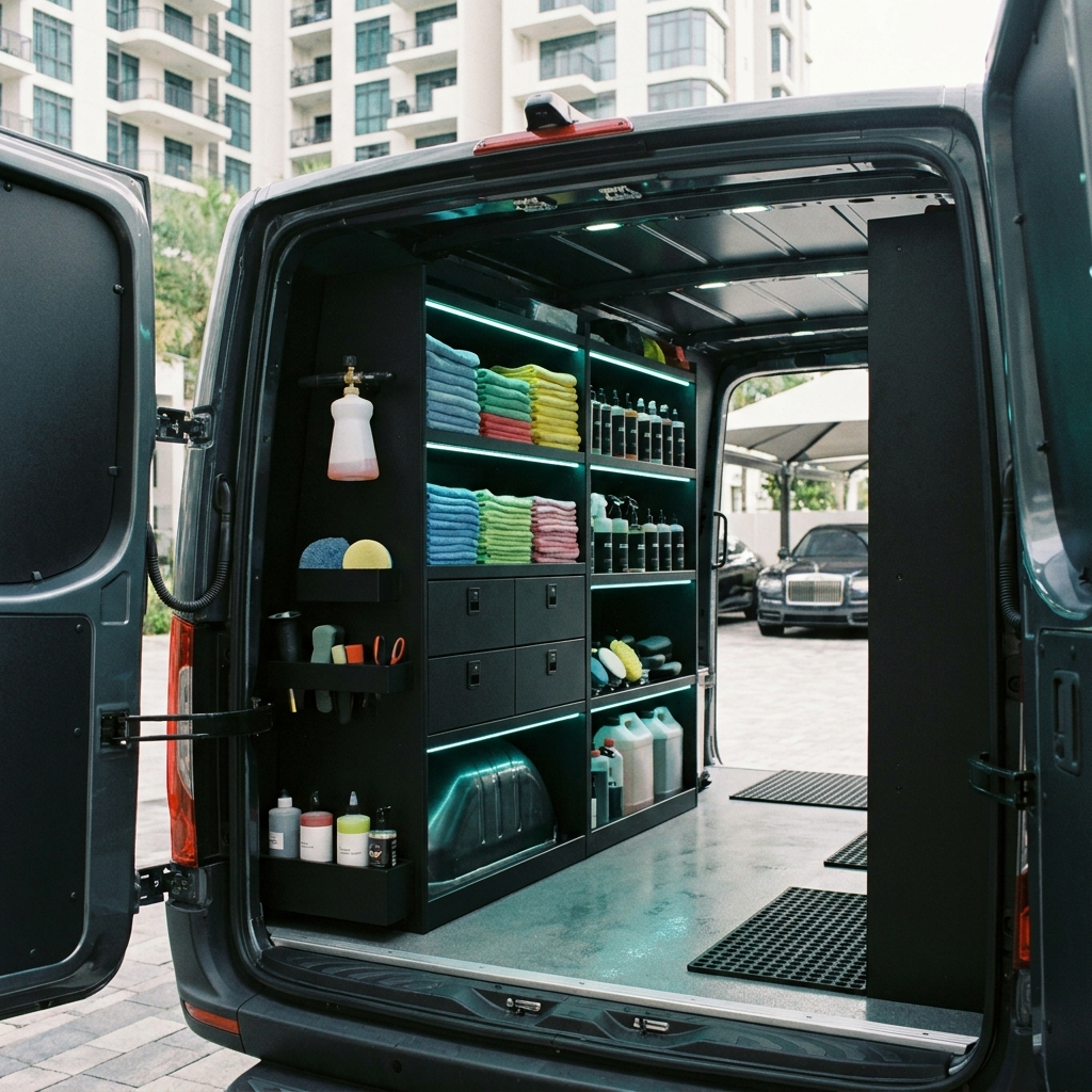 Mobile detailer's organized cargo van interior with detailing supplies under teal LED lighting