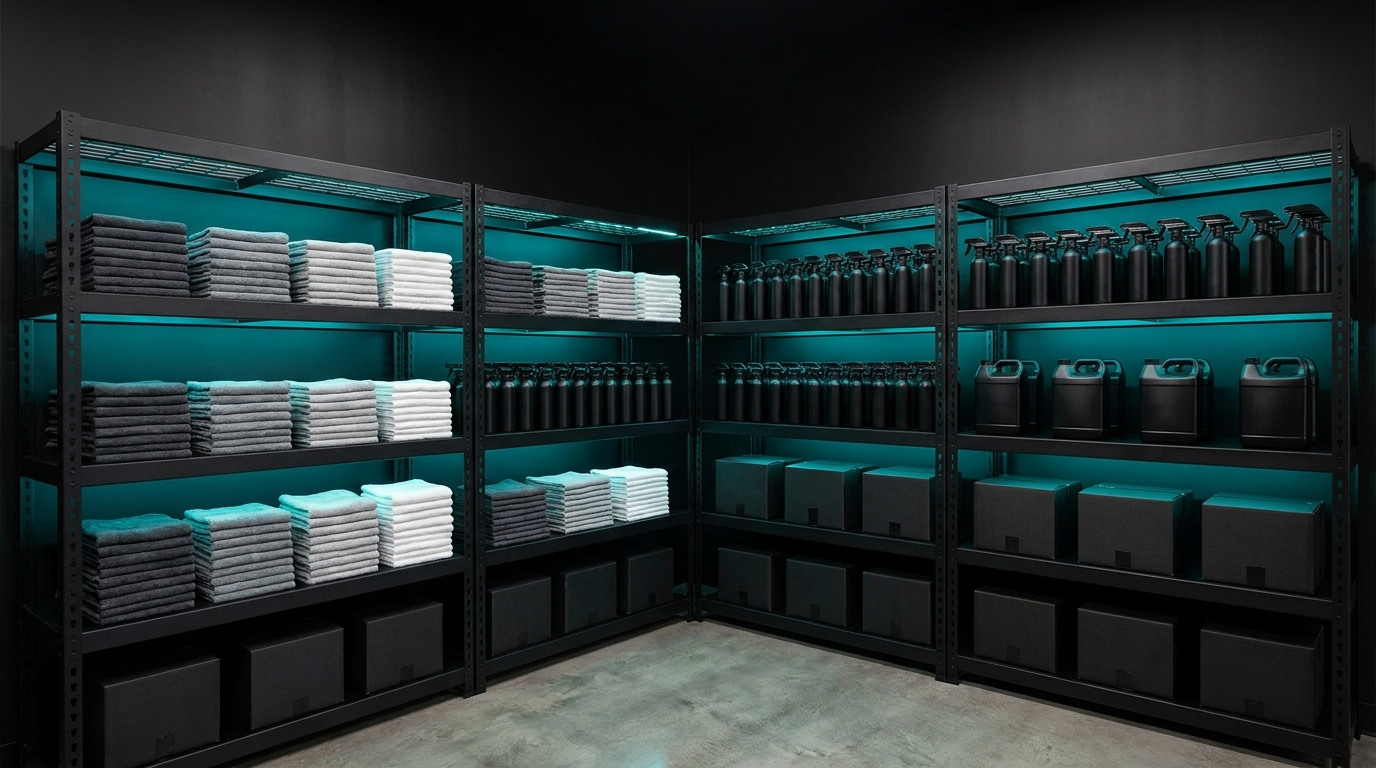 Organized industrial storage shelving with microfiber towels and shop supplies under teal LED lighting