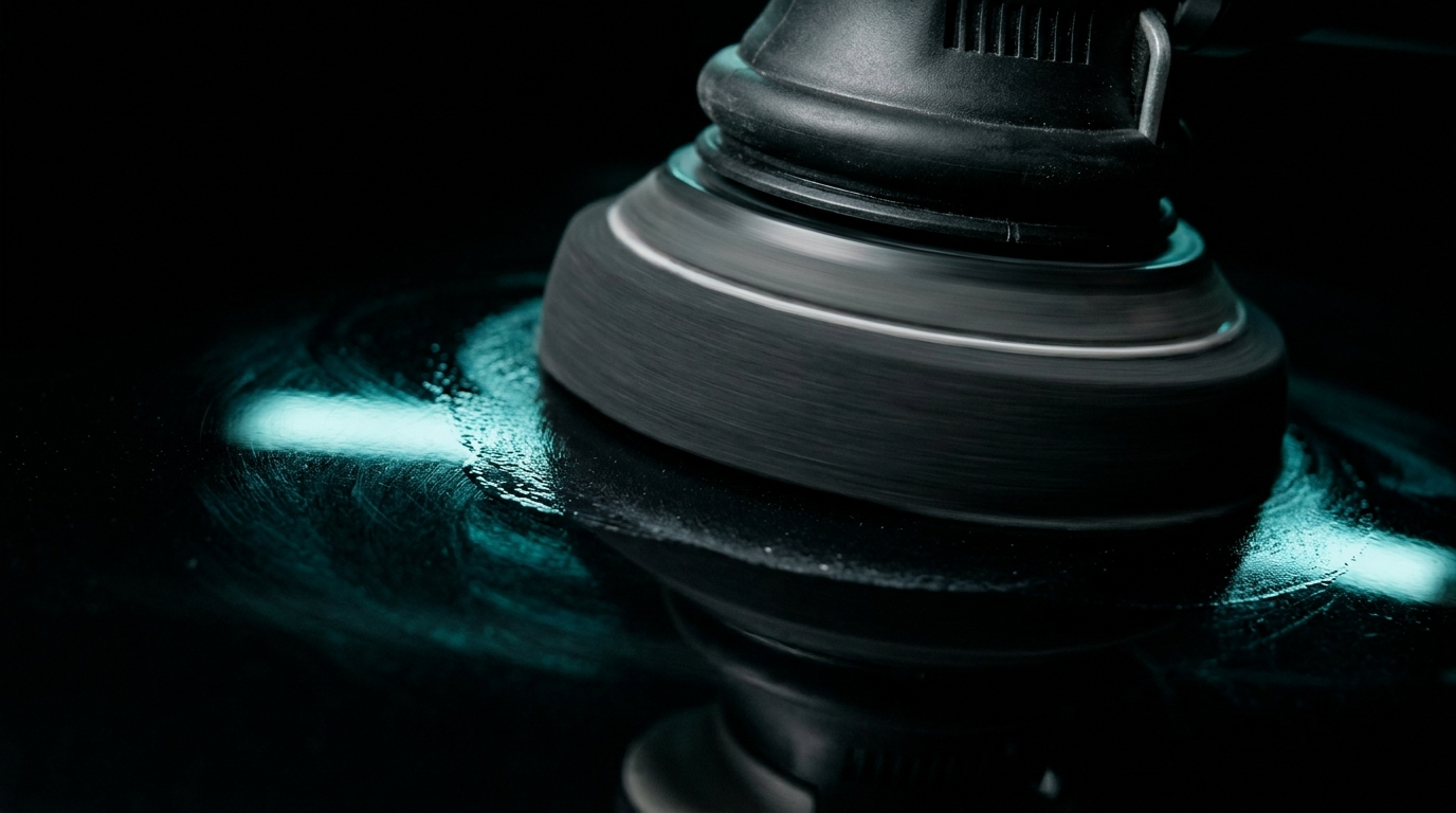 Foam polishing pad working a dark paint surface
