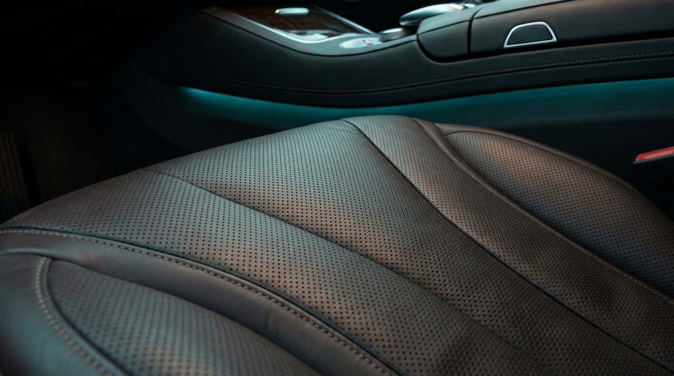Premium dark stitched leather seat detail