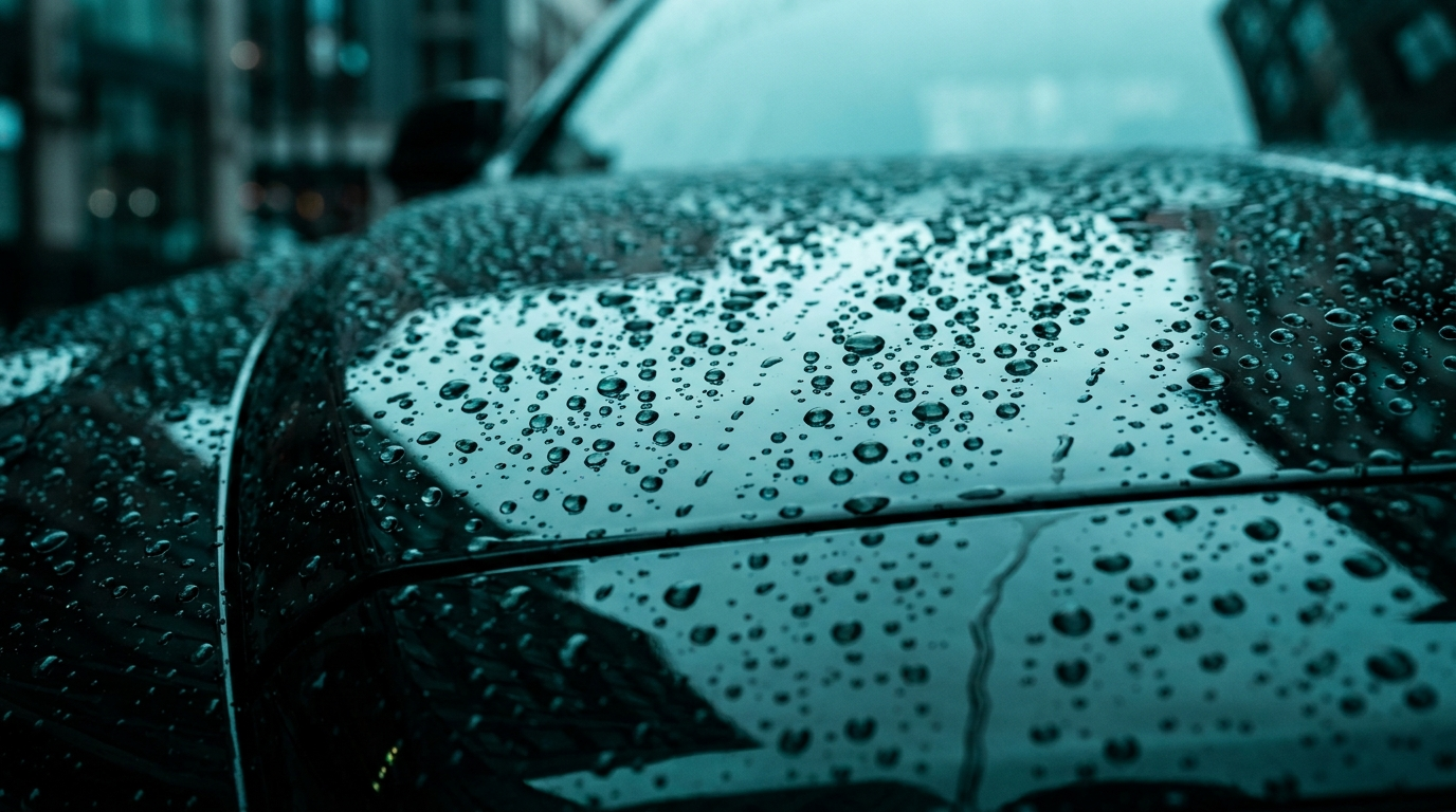 Hydrophobic water beading on a freshly ceramic-coated dark hood