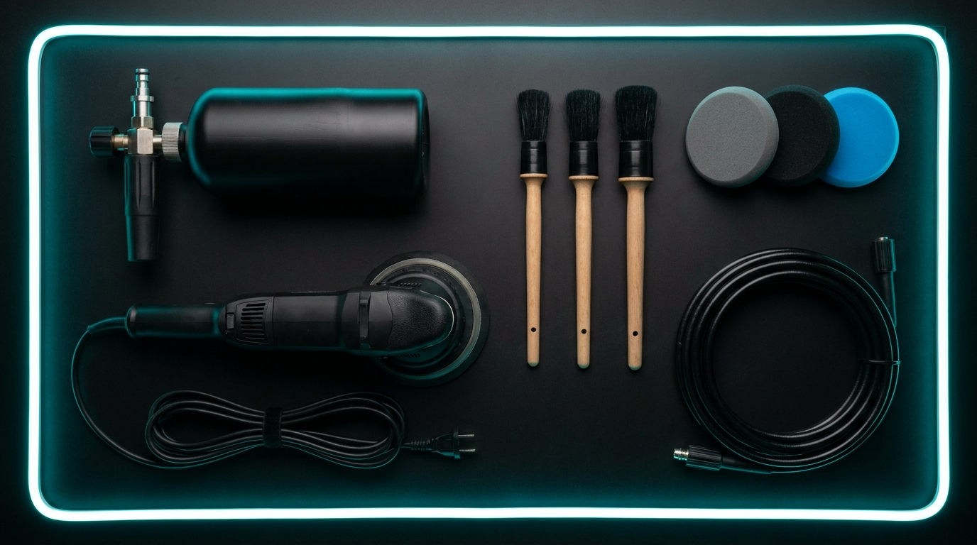 Aerial flatlay of detailing tools arranged in a precision grid