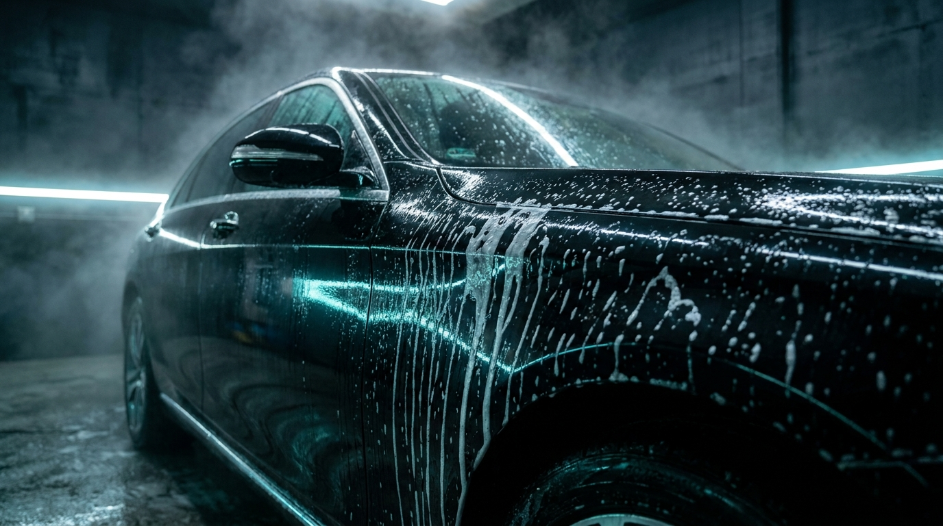 Cascading foam wash flowing down a dark luxury car panel
