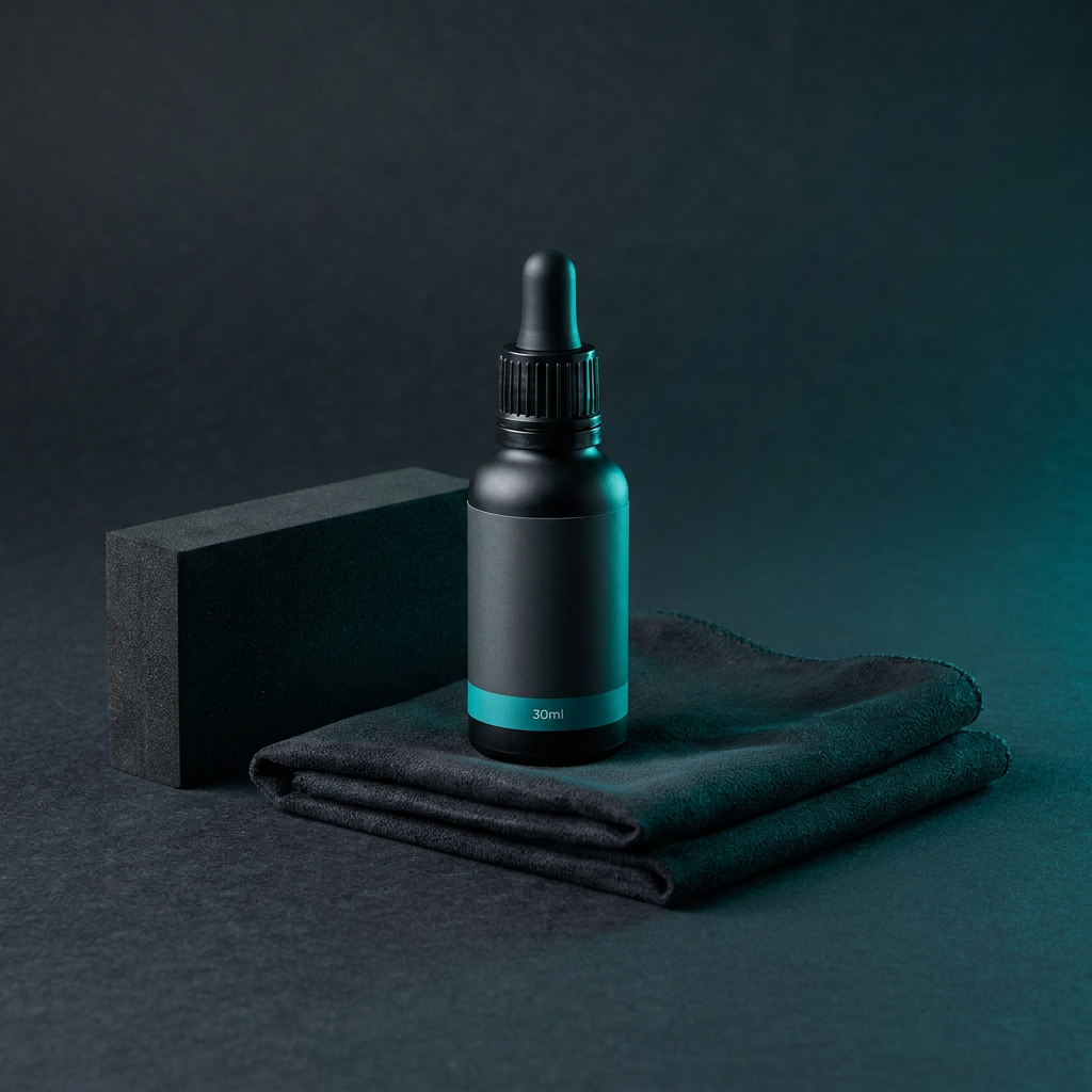 9H ceramic coating kit with dropper bottle, applicator block, and microfiber suedes