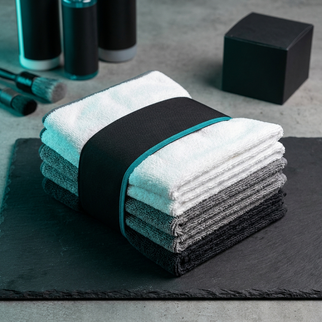 Stack of folded microfiber detailing towels in graded gray and white tones